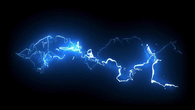 Dynamic CGI motion graphics of intense blue electric lightning arcs crackling and surging across the center of the frame against a black background.