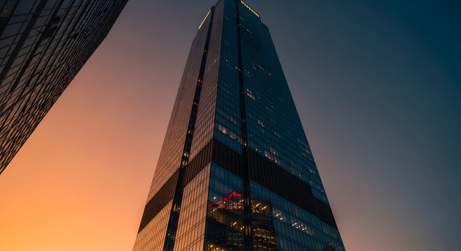 A tall glass skyscraper stands against a vibrant orange and blue sky at sunset with another building partially visible to the left