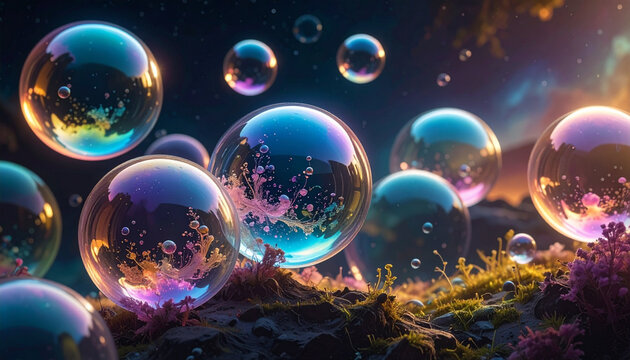 Abstract illustration of floating transparent bubbles with colorful reflections