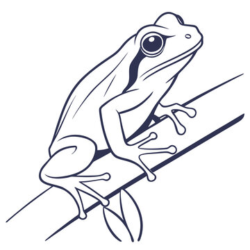 Cute tree frog on branch line art vector illustration with design element