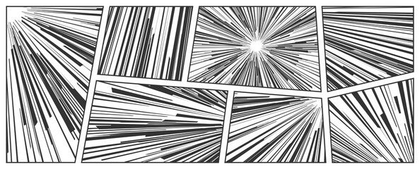 Manga anime comicbook speed lines set. Black and white radial impact effects and comic book action energy. Sun burst focus, lightning shock overlays and concentric screentone style. Vector background.