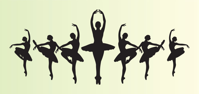 Silhouettes of ballet dancers in various elegant poses