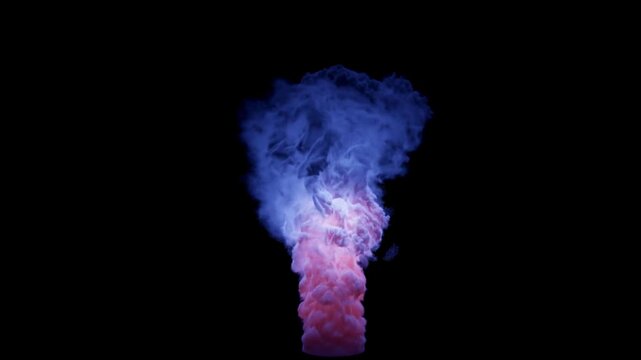 CGI motion graphics of a dense plume of blue and pink smoke rising vertically and swirling in slow motion against a black background with a glowing core.