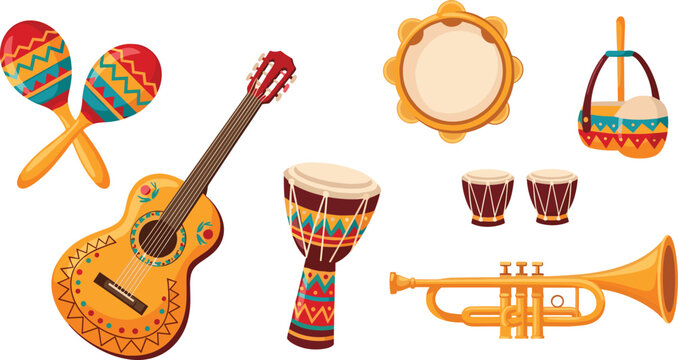 Mexican Musical Instruments Collection Guitar Maracas Drum Tambourine Trumpet and Traditional Percussion Vector Illustration
