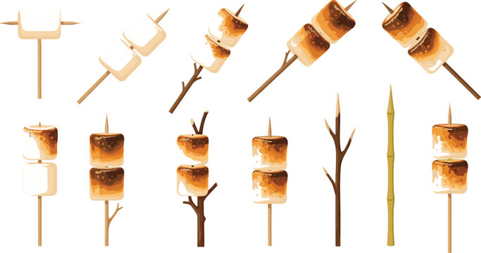 Roasted Marshmallow on Stick Cartoon Vector Set with Campfire Toasted Marshmallows, Smores Dessert Treats, and Camping Food Illustration