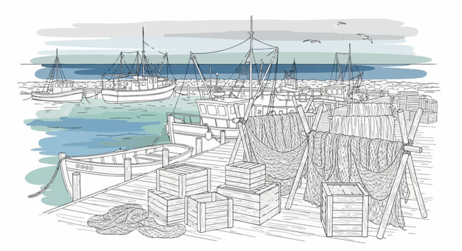 Fishing boats docked at a harbor with crates and nets on the pier.