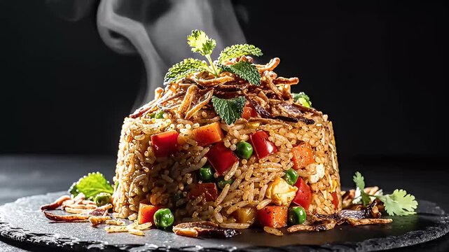 Hot Steaming Indian Biryani Fried Rice with Vegetables and Mint