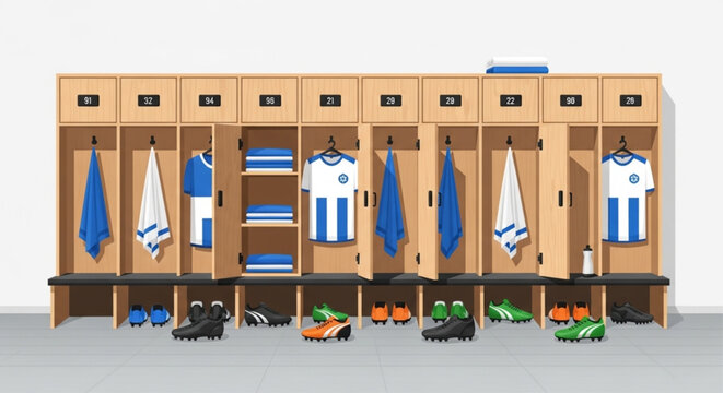 Professional Sports Locker Room Illustration with Team Equipment