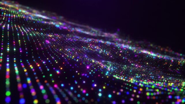 Multicolored gradient digital wave pattern with glowing dots