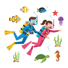 Fototapeta premium Couple scuba diving underwater with colorful fish, sea turtle, jellyfish, starfish, seahorse