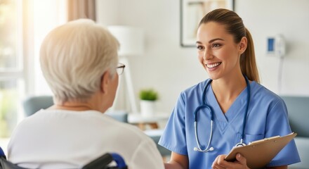 Obraz premium Smiling healthcare professional communicates warmly with an older patient seated in a wheelchair