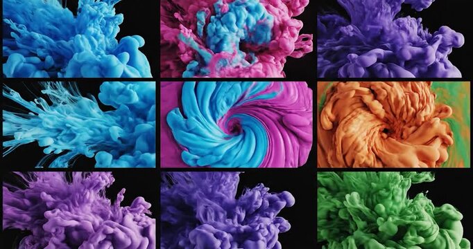 Vibrant colorful ink clouds dissolving in water against black background