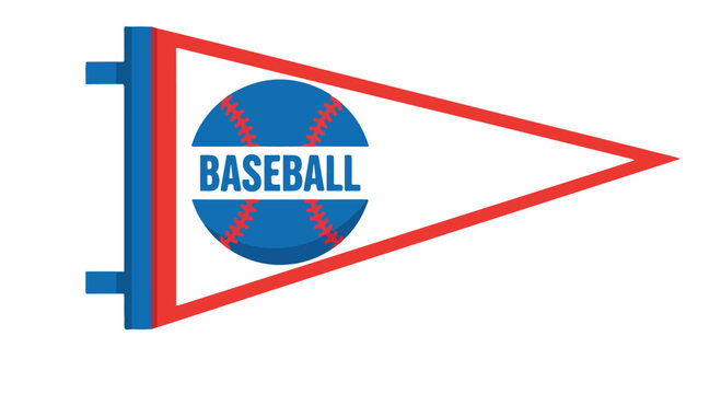 Graphic illustration of a red, white, and blue baseball pennant flag with a circular logo on a clean white background.