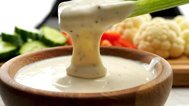 Celery stick dipped in creamy white ranch dressing, dripping in wooden bowl with fresh vegetables for snacking