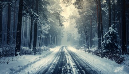 Obraz premium A serene winter landscape features a frozen road winding through a snowy forest under a cold blue sky as frost blankets the rural woods and trees in a white seasonal path