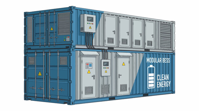 Illustration of a modular battery energy storage system housed within shipping containers, labeled 'MODULAR BESS CLEAN ENERGY'.