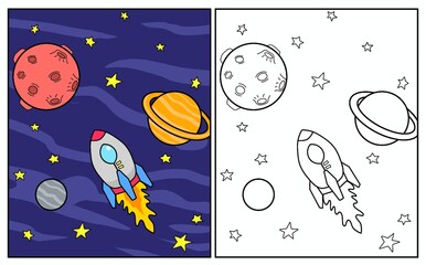 coloring page: A rocket floating in space