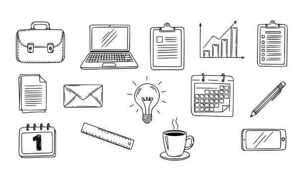 Business office doodle icon collection hand drawn sketch symbols with briefcase and workplace tools