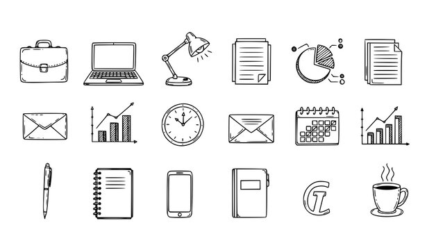 Hand drawn business and office icons doodle sketch vector set with briefcase laptop and charts