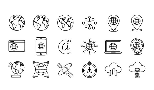 Global globe outline icon pack thin line world internet and navigation symbols vector