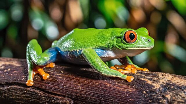 Bright green red-eyed tree frog resting on a wooden log in a tropical rainforest setting, nature wildlife