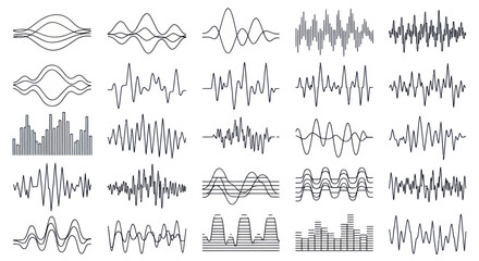 Set of various sound waves and audio spectrums for music and voice. © Gajah