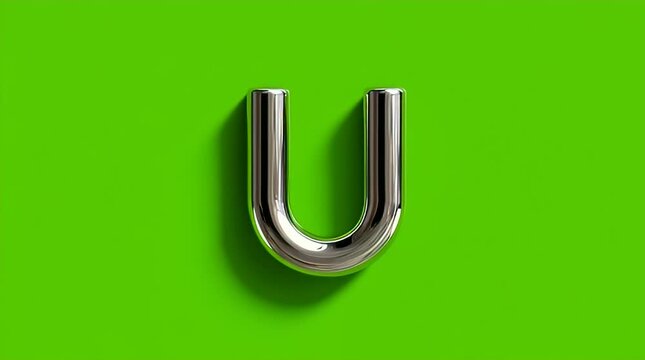 Alphabet letter u shiny chrome 3d rotation on green screen