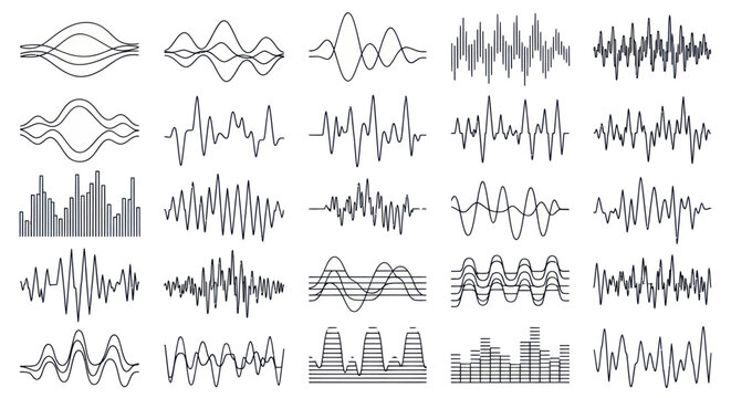 Set of various sound waves and audio spectrums for music and voice.
