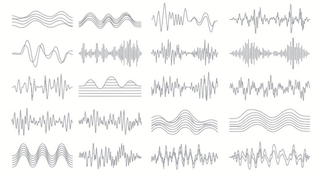 Set of various sound waves and audio spectrums, representing different frequencies and amplitudes.