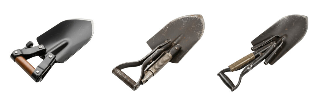 Set of Folding Military Shovel Entrenching Tool Tactical Camping Gear Isolated Transparent Background PNG