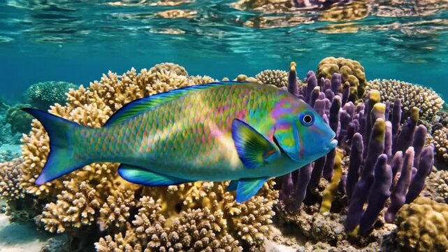 Brightly colored parrotfish swimming near a coral reef in a sunlit ocean environment, underwater marine life scene