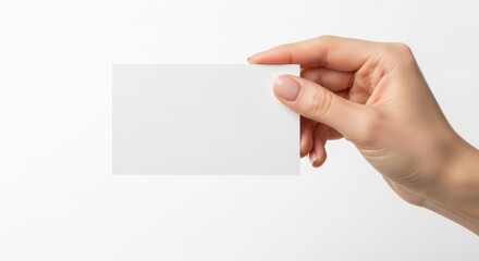 Obraz premium Female hand holds blank rectangular white card against a bright background