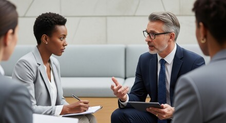 Fototapeta premium Business professionals engage in a focused discussion during a meeting setting