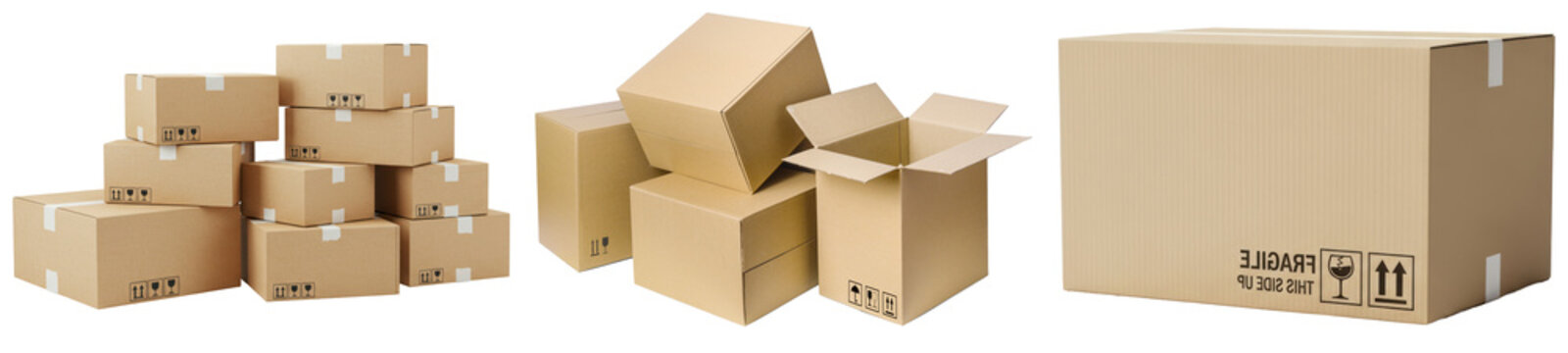 A collection of various stacked and individual brown cardboard shipping boxes, some open, some closed.