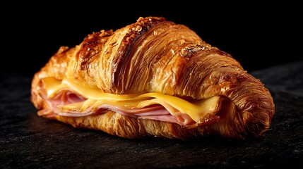 Golden croissant sandwich with melted cheese and savory ham, delectable breakfast