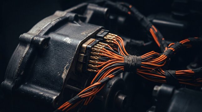 Close-up of a complex electrical wiring harness in industrial machinery.