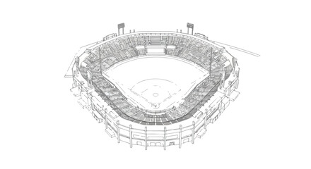 Fototapeta premium Gray architectural drawing of a baseball stadium with seating and field markings on a white background.