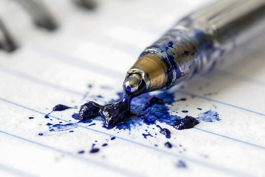 Macro close-up of a ruptured ballpoint pen tip leaking chaotic thick blue ink clots