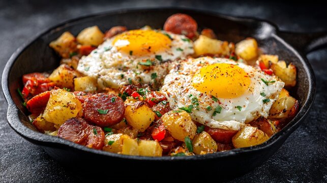 Rustic skillet breakfast with fried eggs, potatoes, and sausage, culinary delight
