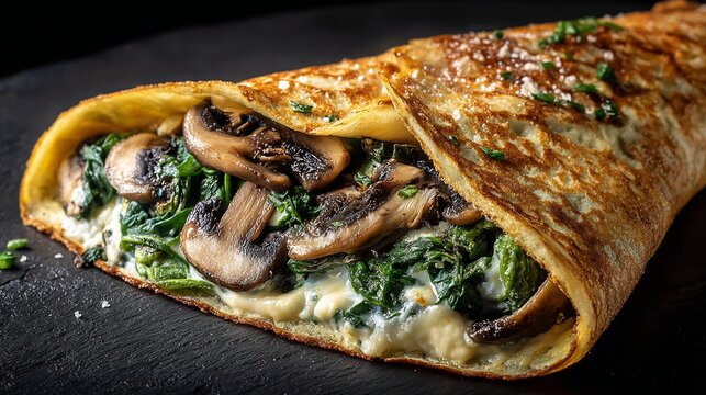 Savory crepe filled with mushrooms and spinach, dark slate background