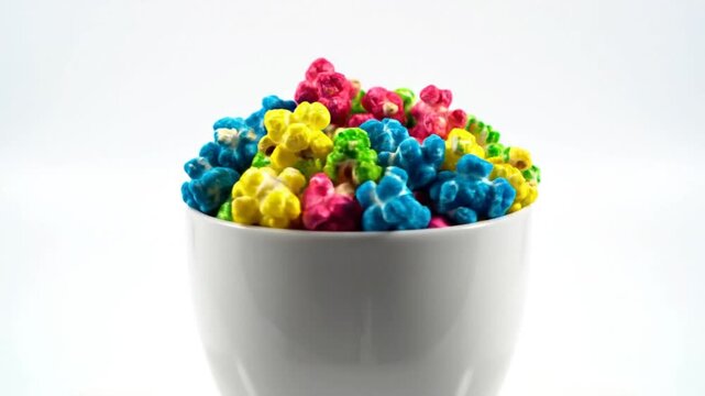 Colorful gourmet popcorn brimming from a white mug against a clean bright background for treats and desserts