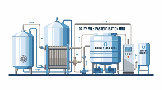 Diagram illustrating the process of a dairy milk pasteurization unit with various tanks, pipes, and control panels.