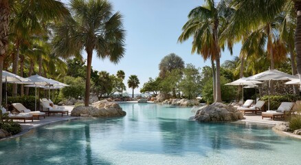 Fototapeta premium Serene Poolscape - Palm Trees, Turquoise Water, and Luxurious Loungers.