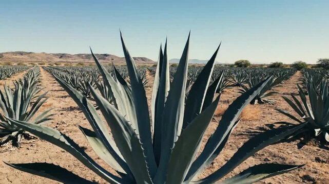 Low angle view of blue agave plant in agricultural field, rows of cultivated plants, arid landscape, bright sunny day