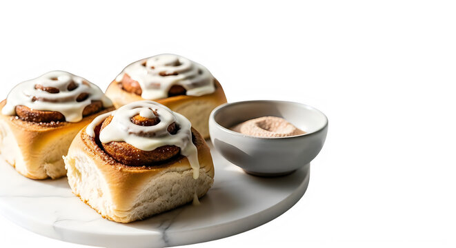 Cinnamon rolls with icing on a marble plate and bowl of cinnamon sugar transparent background