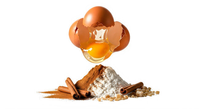 Cracked brown eggs on pile of flour sugar cinnamon sticks and powder isolated transparent background