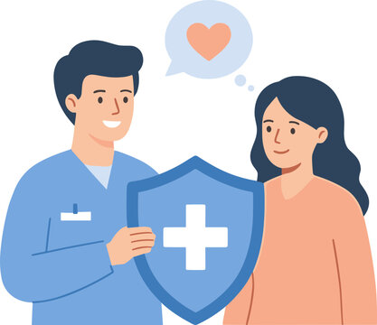 Doctor showing protection shield to smiling patient