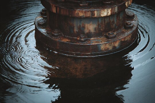 Rusted metal dock piling base in dark rippling water