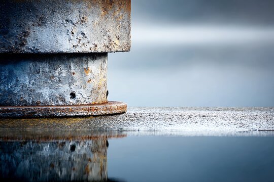 Rusted metal dock piling reflected in a calm water puddle