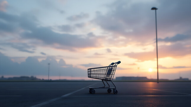 Shopping cart in empty parking lot at sunset